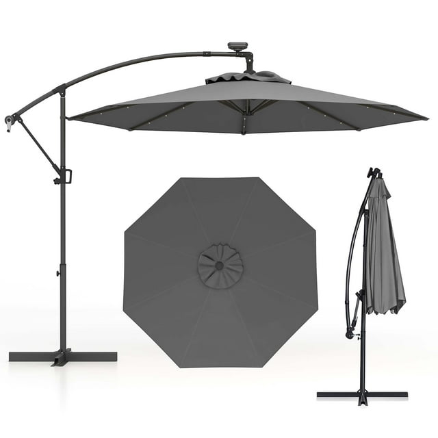 Costway Parasol Déporté de 3 m (10 Pi) avec Protection Solaire, Éclairage DEL, Rotation à 360°, Gris
