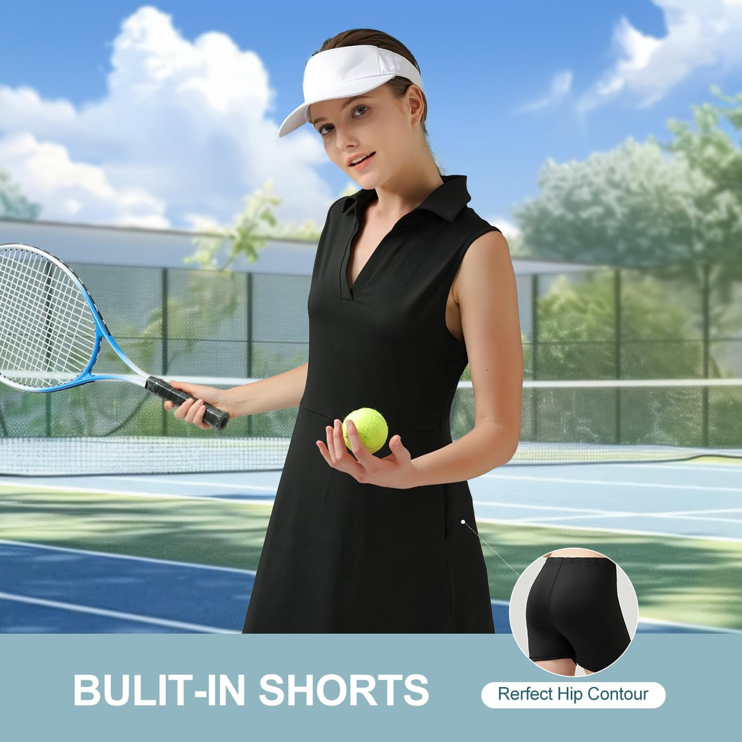Golf Tennis Dresses, Women Athletic Dress with Separate Shorts, V Neck Sleeveless Workout Dresses Solid Color M