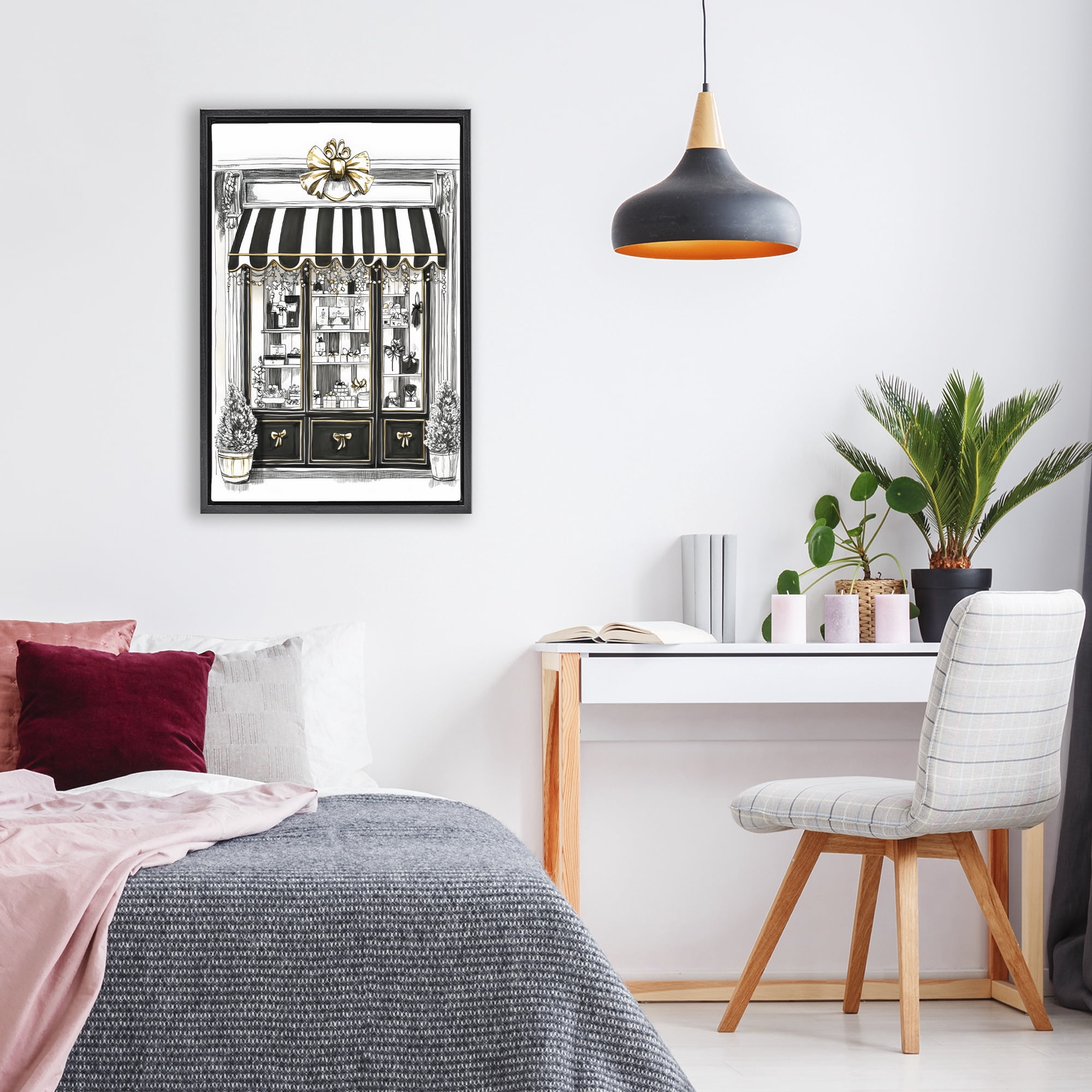 Stupell Industries Striped Paris Shop Facade Black Framed Floater Canvas Wall Art, design by Petal Prints Design