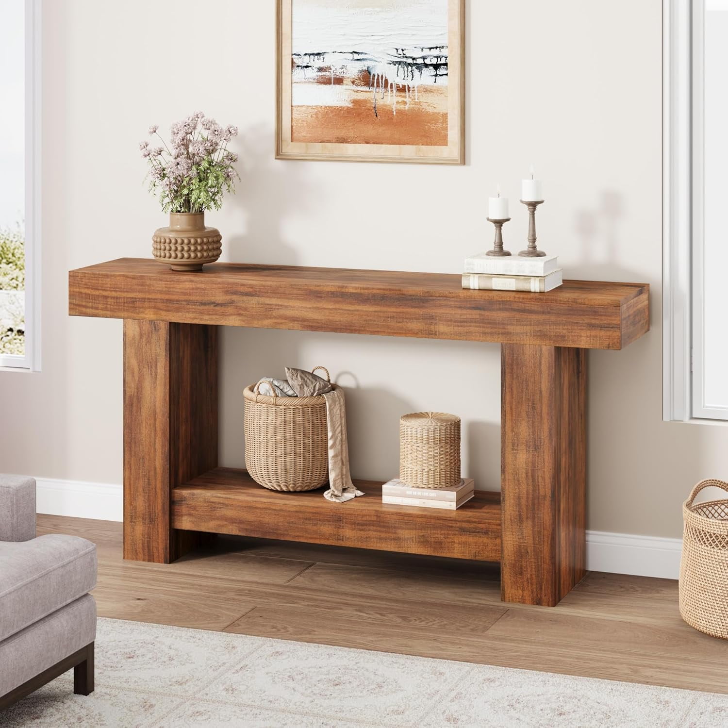 63 Inch Console Table, 2-Tier Farmhouse Sofa Table with Storage, Large Entryway Table for Living Room, Hallway, or Foyer