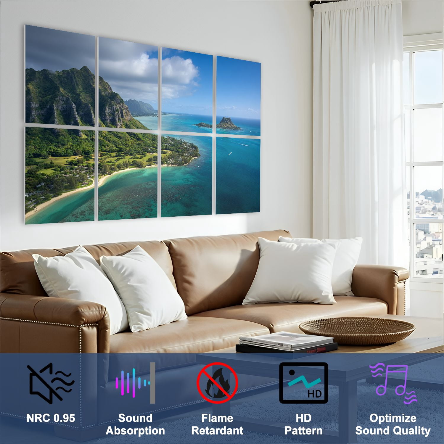 8 Pack Art Acoustic Panels Sound Absorbing aerial view kualoa point hat kaneohe bay oahus Decorative Soundproof Wall Panels Self Adhesive for Nursery Game Room Bedroom 48"x32"