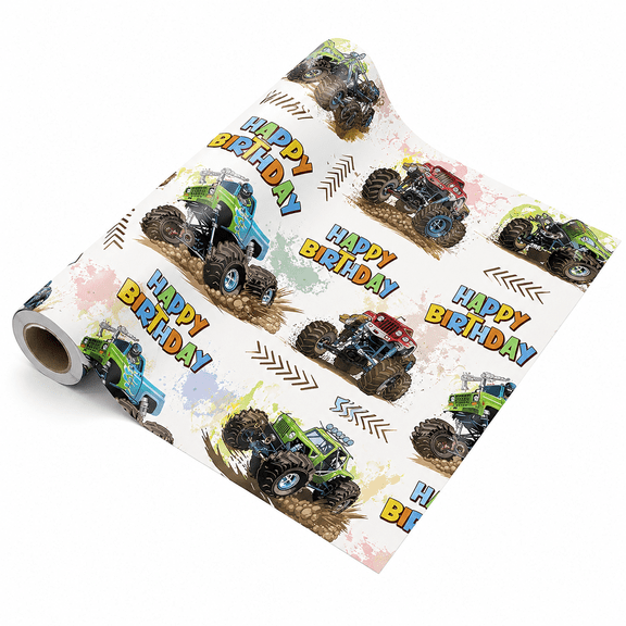 Monster Truck Birthday Wrapping Paper Roll, 17 in x 9.8 ft Colorful Happy Birthday Gift Wrap for Truck-Themed Parties and Showers