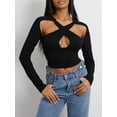 thumbnail image 3 of Biezeib Women’s Cutout Crop Tops Basic Long Sleeve Cross Front Solid Color Slim Fit T-Shirts Blous, 3 of 6