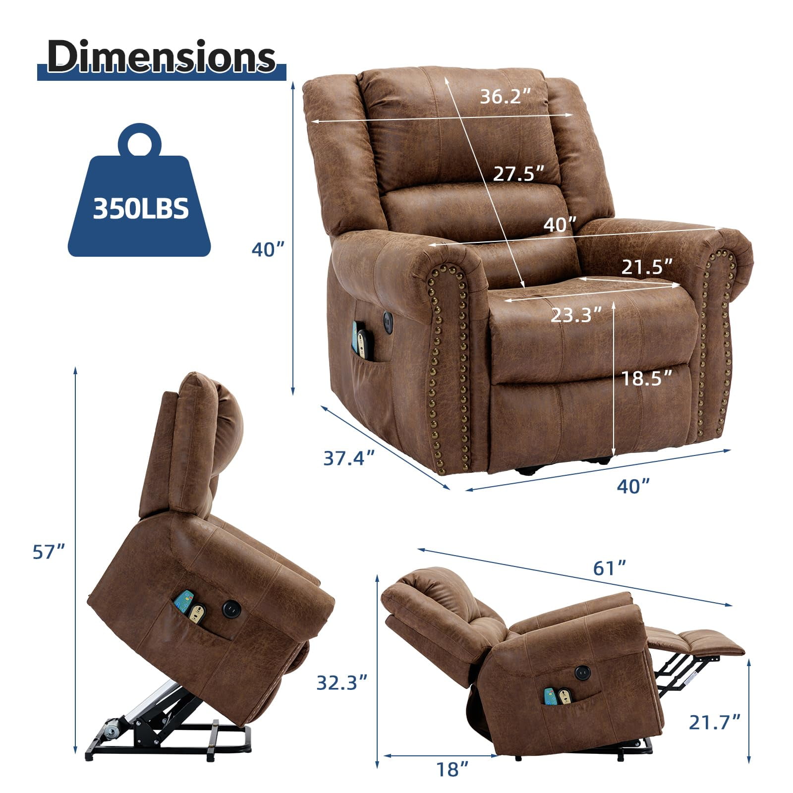 SOCIALCOMFY Power Lift Recliner Chair for Elderly with Massage and Heat, Electric Recliner Chair with Rivet Decoration, 2 Remote Controls, Side Pockets & USB Ports for Home, Office (Nut Brown)