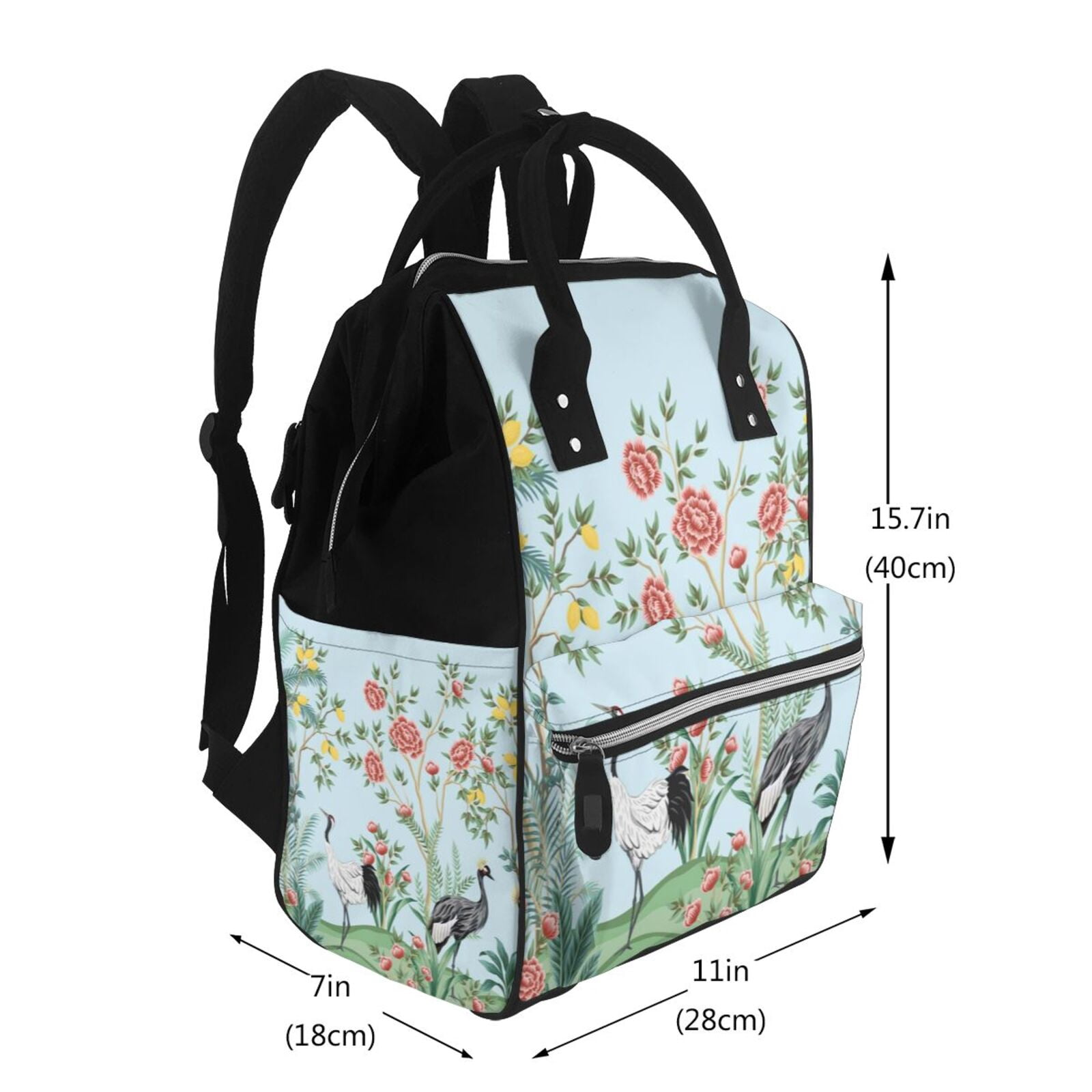 Ratiio Chinoiserie Floral Palm Tree Mummy Backpack - Waterproof Twill Canvas, Large Capacity Diaper Bag with Multiple Pockets and Adjustable Straps