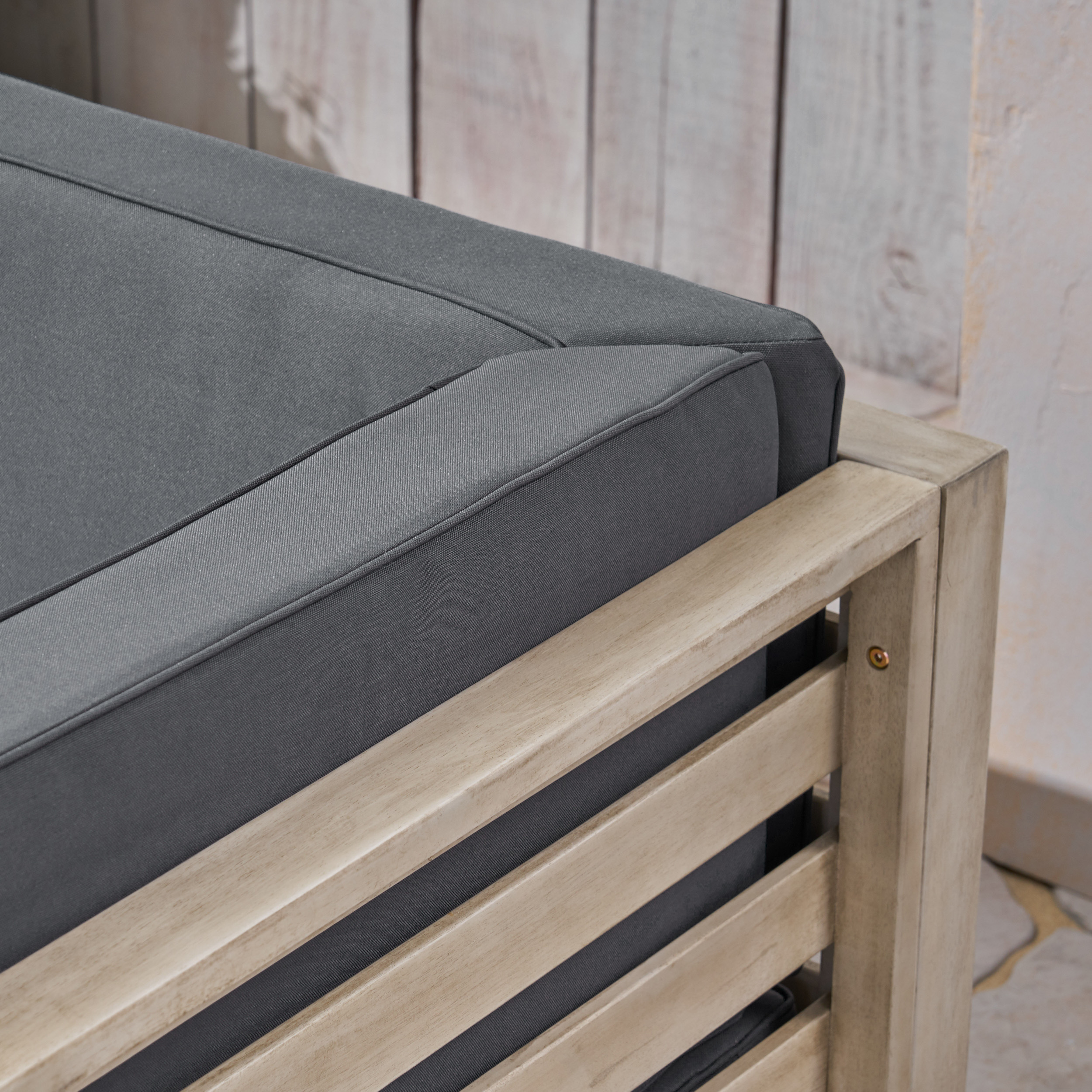 Frankie Outdoor Acacia Wood Sectional Loveseat with Cushions, Weathered Gray, Dark Gray