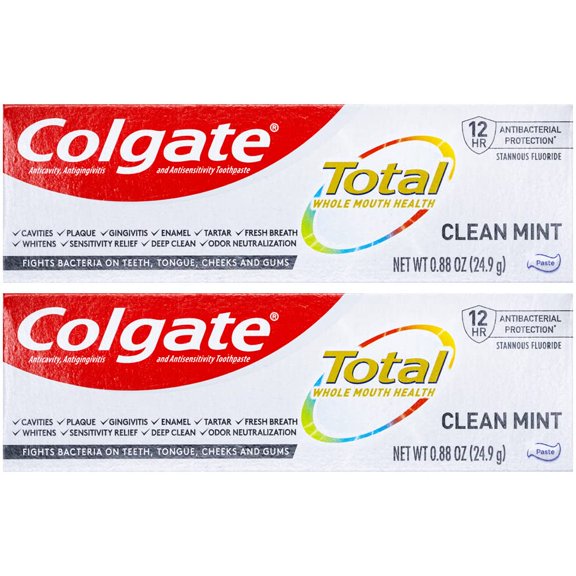 Colgate Total Toothpaste, Clean Mint, Travel Size 0.88 oz (24.9g) - Pack of 2