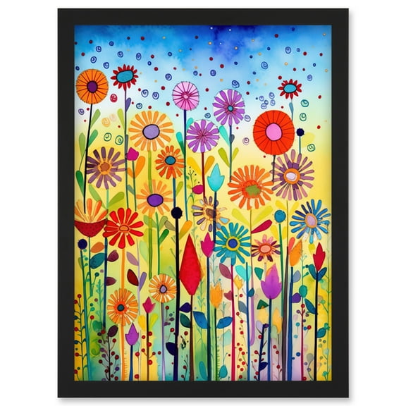 Tall Mixed Flowers Folk Art Watercolour Painting Artwork Framed Wall Art Print A4