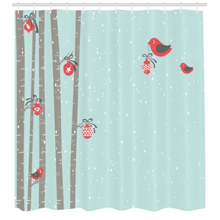 Christmas Shower Curtain Set Cute Red Birds Decorating Tree Snowy