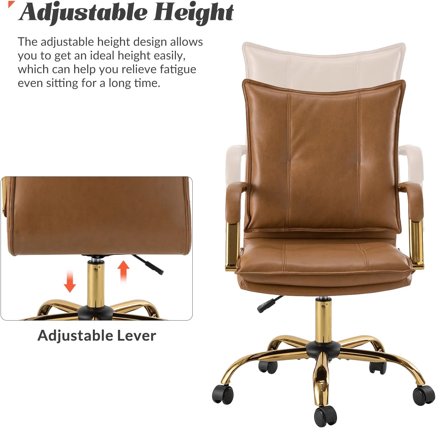 Tina's Home Luxury Faux Leather Office Chair with Golden Accents, Adjustable Swivel Ergonomic Desk Chair for Executive Comfort and Style Camel
