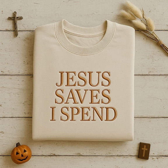 Embroidered "Jesus Saves I Spend" Sweatshirt - Funny Christian Sarcasm