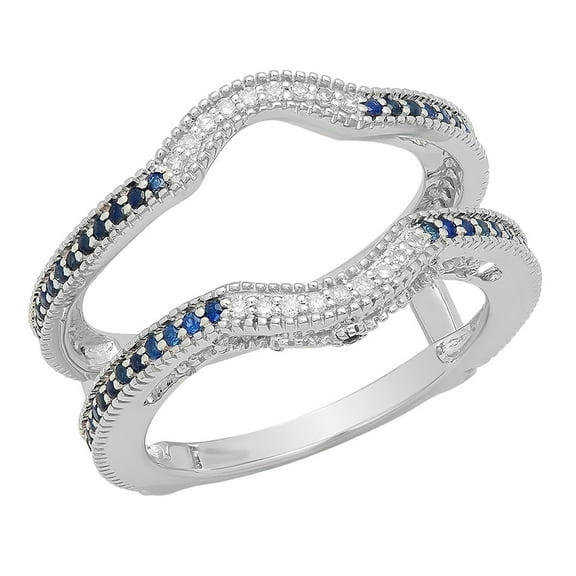 beryl_creation 925 Sterling Silver 0.50Ct Round Blue Sapphire & White Diamond Ladies Anniversary Wedding Band Enhancer Double Guard Ring 14K White Gold Finish