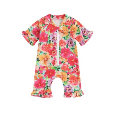 EYIIYE Infant Baby Girls Rash Guard Swimsuit 3M 6M 12M 18M Newborn One-piece Swimwear Rompers Half Sleeve Jumpsuit Floral Print Bodysuit Ruffles Zipper Bathing Suit Cute Fashion Sweet Beachwear
