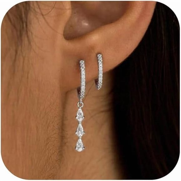 ccwmincc Dangle Hoop Earrings for Women 14K Gold Silver Plated Huggie Earring Sets for Multiple Piercing Dainty Hypoallergenic Cartilage Earring Stack Cubic Zirconia Pack Trendy Jewelry Gifts