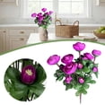 thumbnail image 3 of Clearance | Purple Artificial Camellia Tea Rose Bouquet, 6 Heads Fabric Floral Arrangement with Green Leaves for Home Vase Display Wedding Centerpiece Table Decoration, 3 of 8