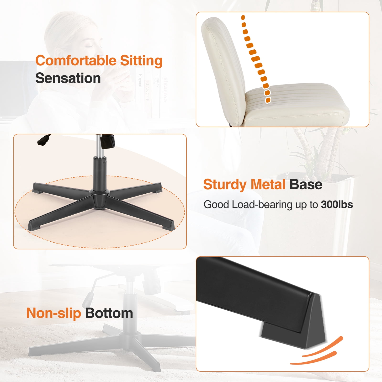 MCQ  Criss Cross Chair Legged Office Wide Comfy Desk Leather Seat, Armless Computer  Seating, Height Adjustable, for Family Bedroom, Biege