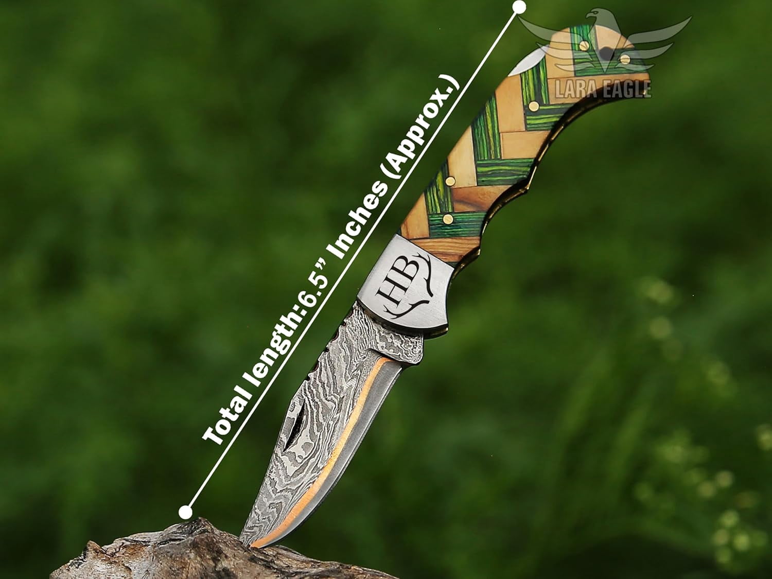 Copper Damascus Pocket Knife – Olive & Green Handle, Folding Tactical Hunting Knife with Sheath & Sharpener – Perfect for Outdoor Use