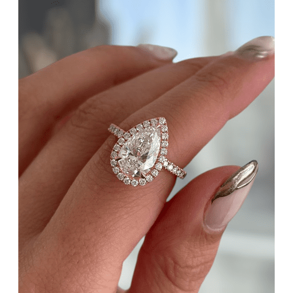 ESTE ORIGIN 2.50Ct IGI Certified Pear Cut Lab-Grown Diamond Ring, Cathedral Halo & Pavé Band in 18K Rose Gold for Women US 10.5