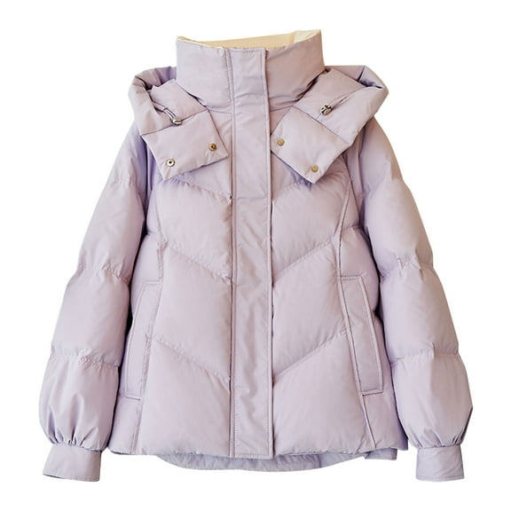 XUNKUSGA Womens Puffer Jacket Solid Color Casual Outerwear Cotton Padded Puffy Down Jacket Women Winter Thickened Warm Zip Up Bubble Coat with Detachable Hood Pockets S-XL Purple