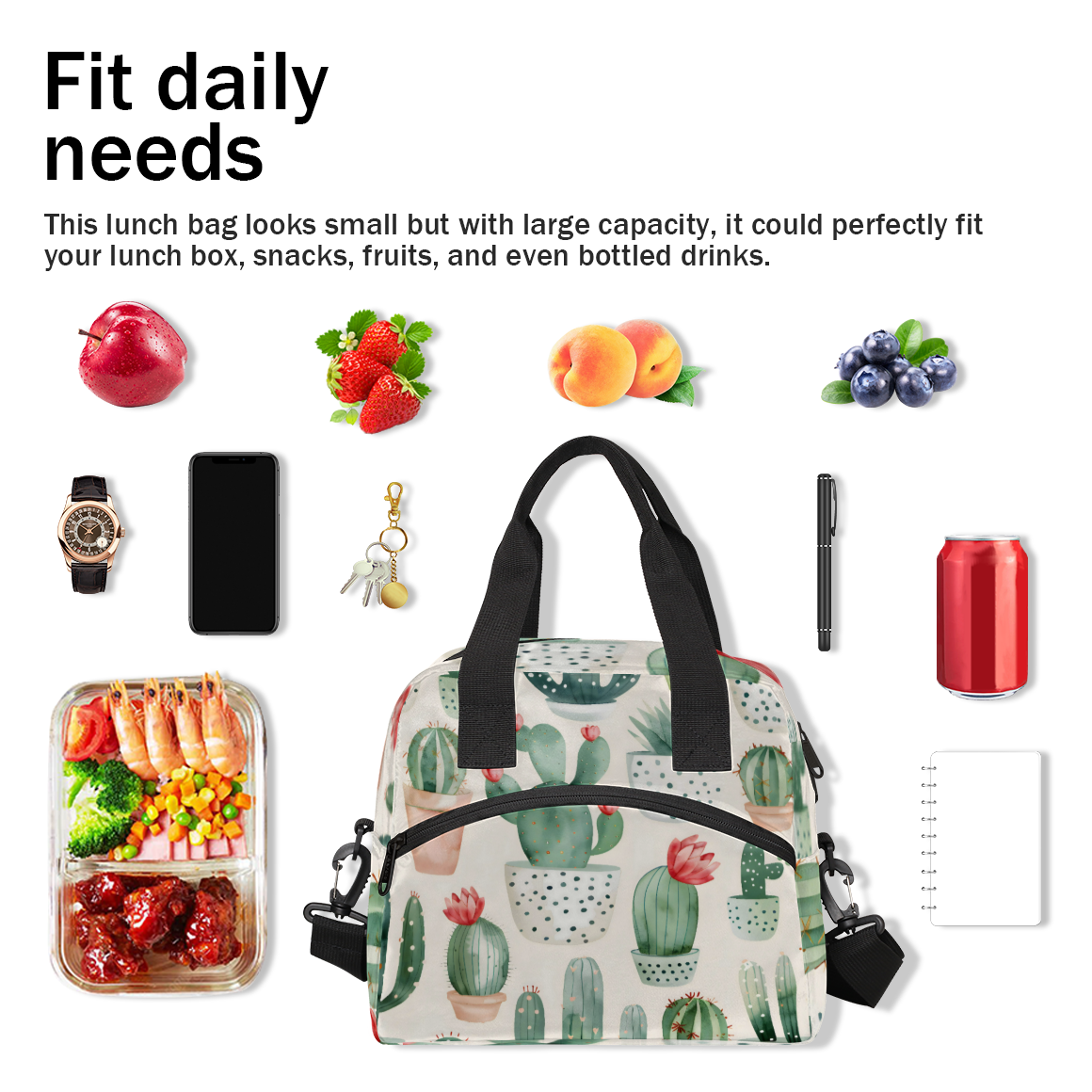 Herdesigns Cactus Insulated Lunch Bag for Women Men Adults Large Reusable Lunch Box Leakproof Portable Cooler Tote Bags with Adjustable Shoulder Strap
