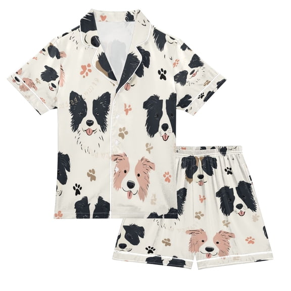 Silky Satin Kids' Pajama Set Breathable & Smooth Unisex Button-Down Pajamas Dog Head and Paw Prints