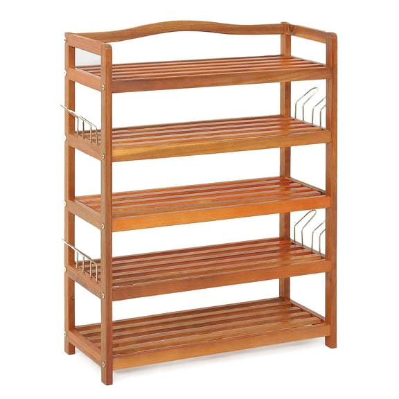 Costway 5-Tier Wood Shoe Rack Solid Acacia Wood Shoe Shelf with Side Metal Hooks