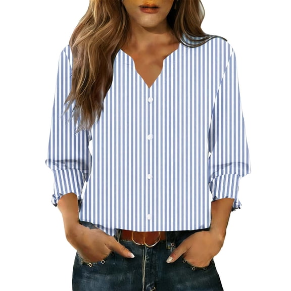 Cilsoka Ladies Tops and Blouses for Summer 2026, Womens 3/4 Length Sleeve Tops Casual Henley Tunic Tops V Neck Button Shirt Dressy Cute Print Tshirt Basic Ladies Blouse, Graphic Trendy Tees