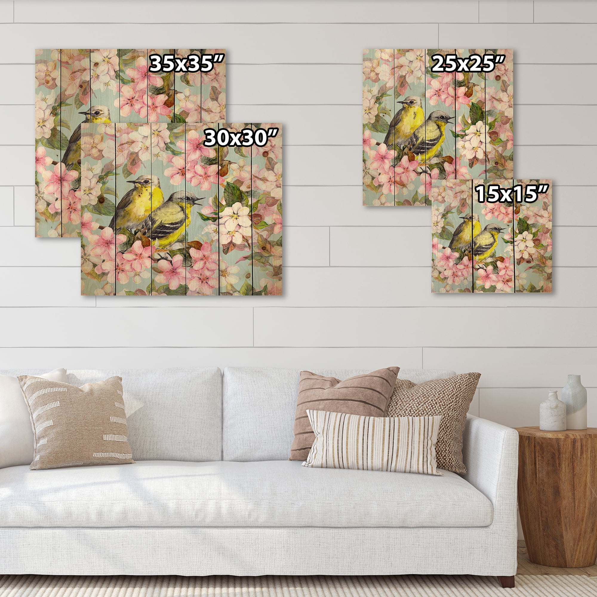 Designart 'Birds On Pink Cherry Sakura and Apple Flowers II' Traditional Print on Natural Pine Wood