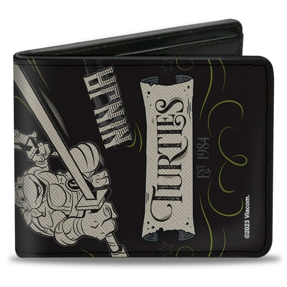 Nickelodeon Wallet, Bifold, Ninja Turtles Est. 1984 Action Poses Black White, Vegan Leather