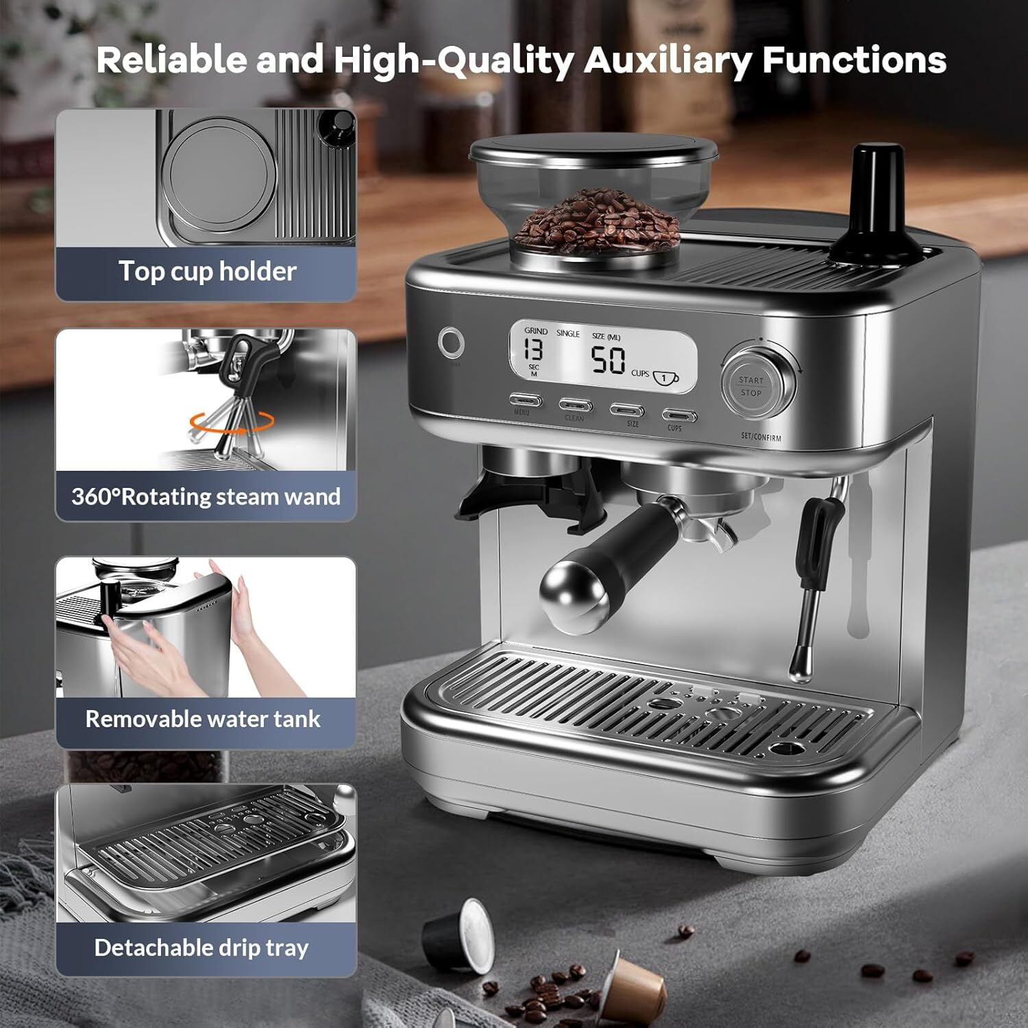 Garvee Espresso Machine with Grinder, 15 Bar Stainless Steel Professional Espresso Maker W/LCD Display & 2.3L Removable Water Tank for Home Office, Gray