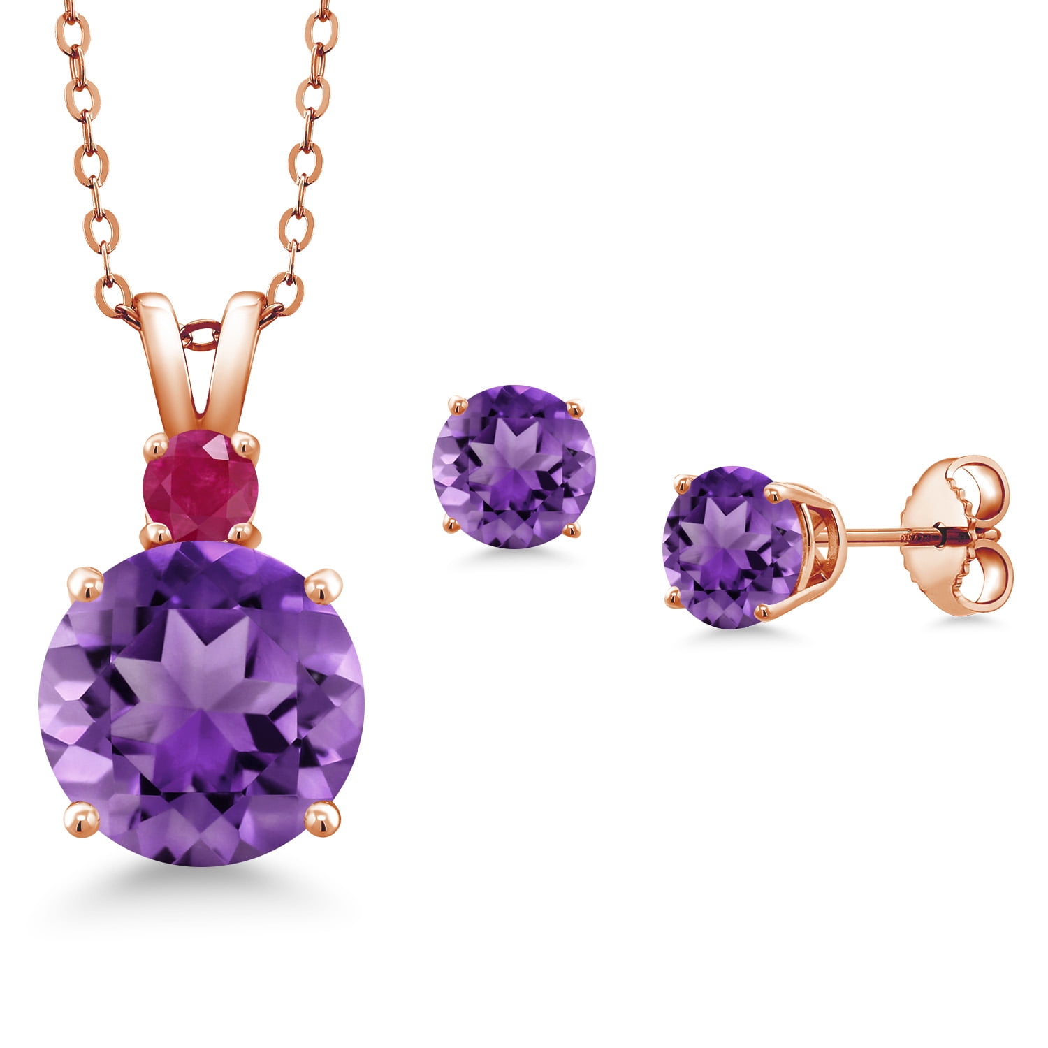 Gem Stone King 18K Rose Gold Plated Silver Round Purple Amethyst and Red Ruby Pendant and Earrings Jewelry Set for Women (4.55 Cttw, Gemstone Birthstone, with 18 inch Chain)
