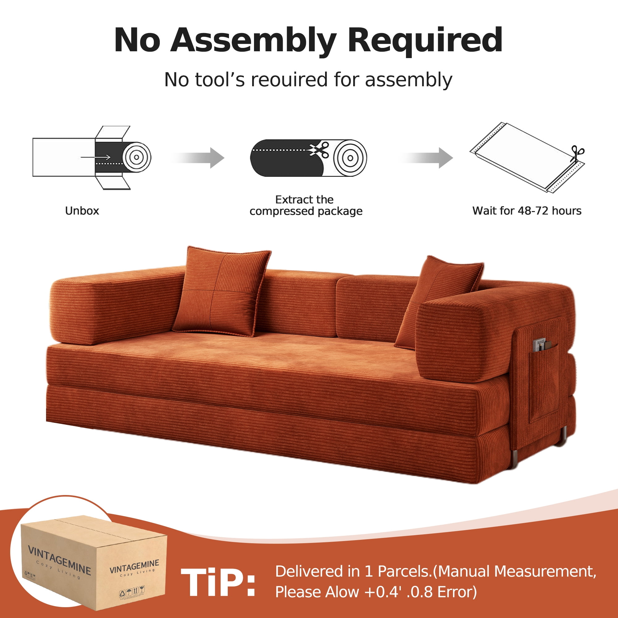 Leumius 79 Inch Convertible Sofa Bed,5-in-1 Corduroy Floor Sofa with High-Density Foam,Metal Back and Arm Supports, Washable Cover and Side Pockets,Orange