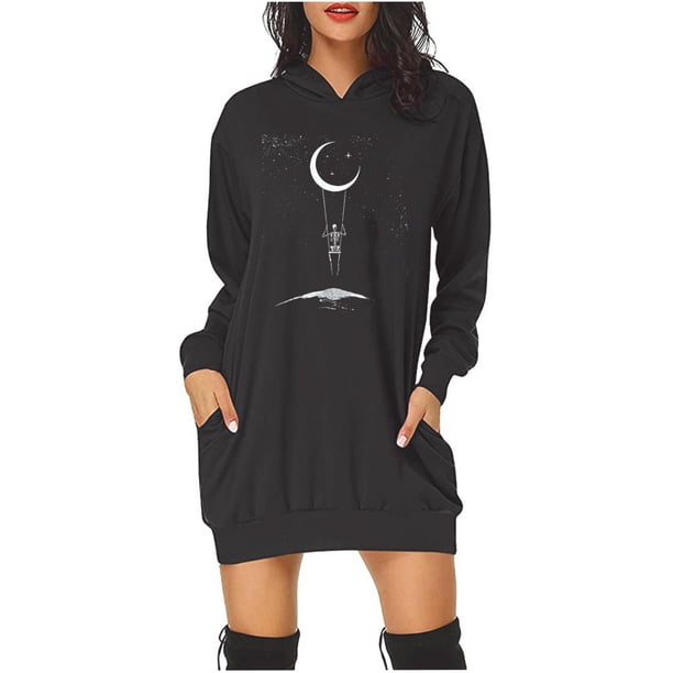 Vestido de sudadera corto con bolsillos con capucha y estampado de manga larga para mujer informal suelto a la moda Pompotops hdfakjf1792