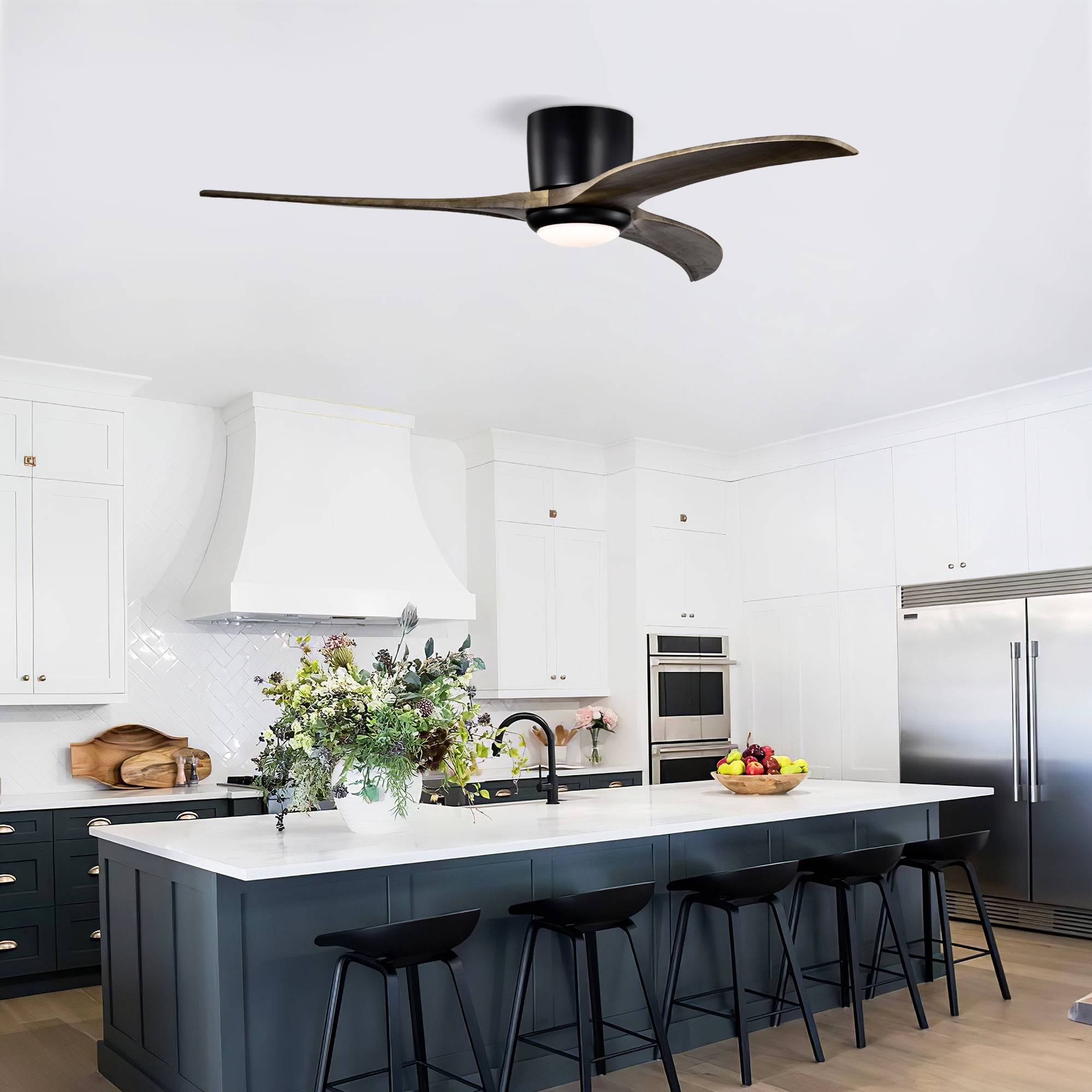 52 Inch Flush Mount Ceiling Fan, Solid Wood Blades Ceiling Fan with Light with Remote Control for Patio, Matte Black