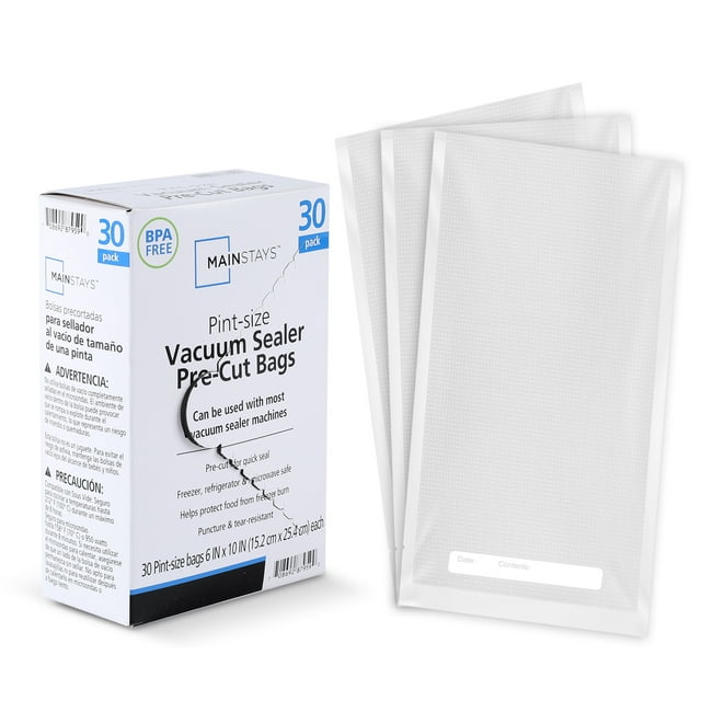 Mainstays 30-pack of BPA-free pint-size pre-cut vacuum sealer bags with packaging box and three clear, textured sealable bags shown
