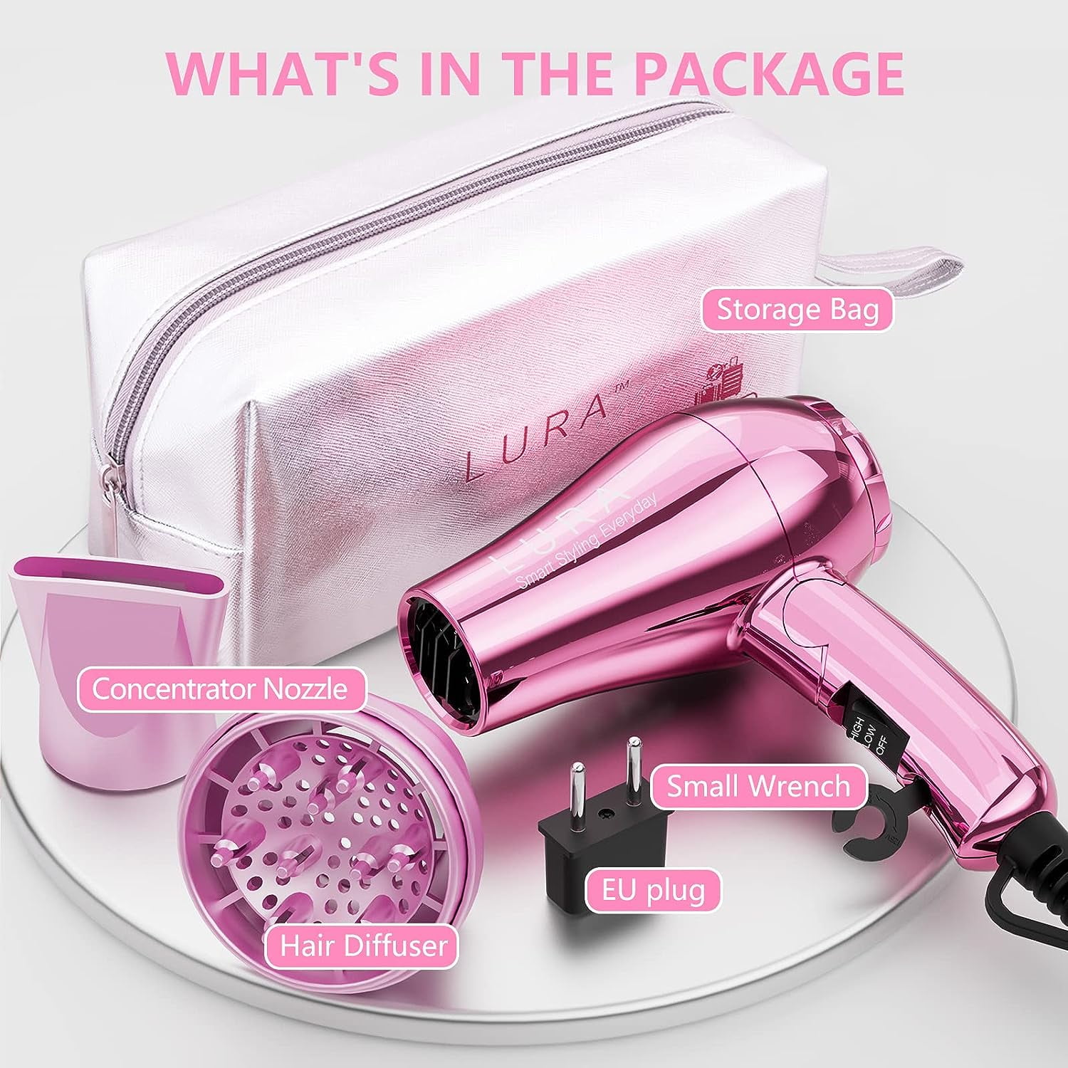 Lura Portable Travel Hair Dryer Dual Voltage Small Mini Blow Dryer with EU Plug Folding Handle,with Concentrator & Diffuser Attachment