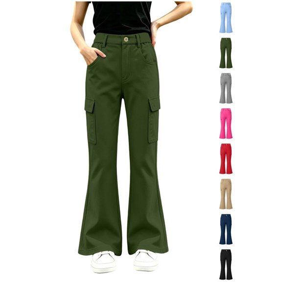 Xaqiouau Girls Cargo Flare Pants High Waist Multiple Pockets Casual Trousers Stretch Twill Slim Fit Bell Bottom Style Kids Fashion Daily Bottoms Green 14-15 Years