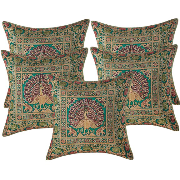 Stylo Culture Ethnic Living Room Brocade Emerald Green And Gold Throw Pillow Covers 40x40 cm Jacquard Weave Banarsi Outdoor Pillow Covers Peacock Floral 16x16 Decorative Cushion Covers (Set Of 5)