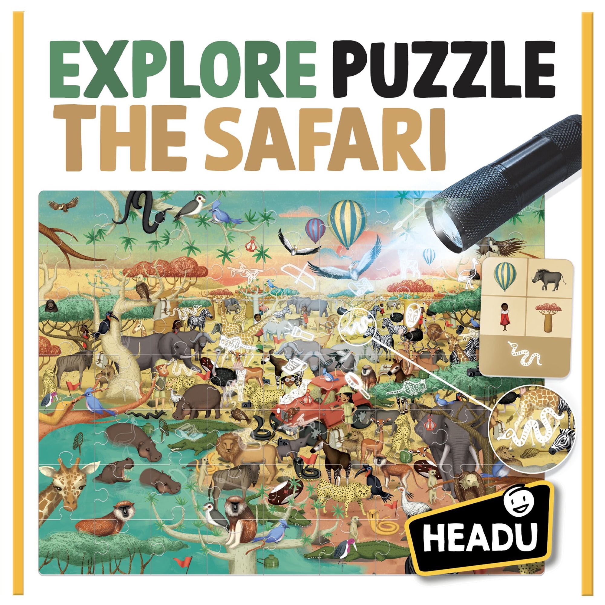Headu: Explore The Safari Puzzle - 70pc Activity Jigsaw, Magic Reveal Scene, 27x17" Savannah Scene, Search & Find Hidden Objects & Animals, Kids 5+