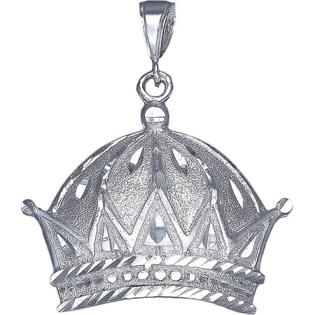 Diamond Crown Charm - Large Heavy Sterling Silver Crown Charm Pendant Necklace 10 Grams 2.1 Inches with Diamond Cut Finish and 24 Inch Figaro Chain