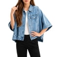 thumbnail image 2 of Women Batwing Short Denim Jacket Loose Oversized Cropped Jean Coat Lapel Button Down Jackets Casual Daily Outfit (Blue M), 2 of 4