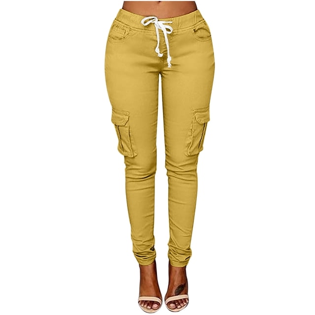 Clearance-Sale Legging with Pocket for Women Solid Color Casual Leggings Drawstring Elastic Low Waist Ruched Womens Pants Multiple Pocket Softy Work Pants for Women Weekly-Deals(Khaki,M)