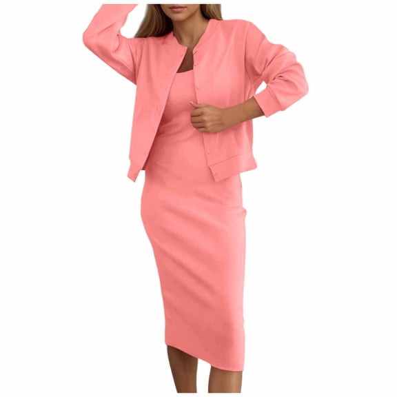 DHFJKG Women 2 Piece Sets Spring Summer Outfits Sleeveless Scoop Neck Slim Fit Midi Dress And Long Sleeve Cardigan Matching Set Versatile Outfit