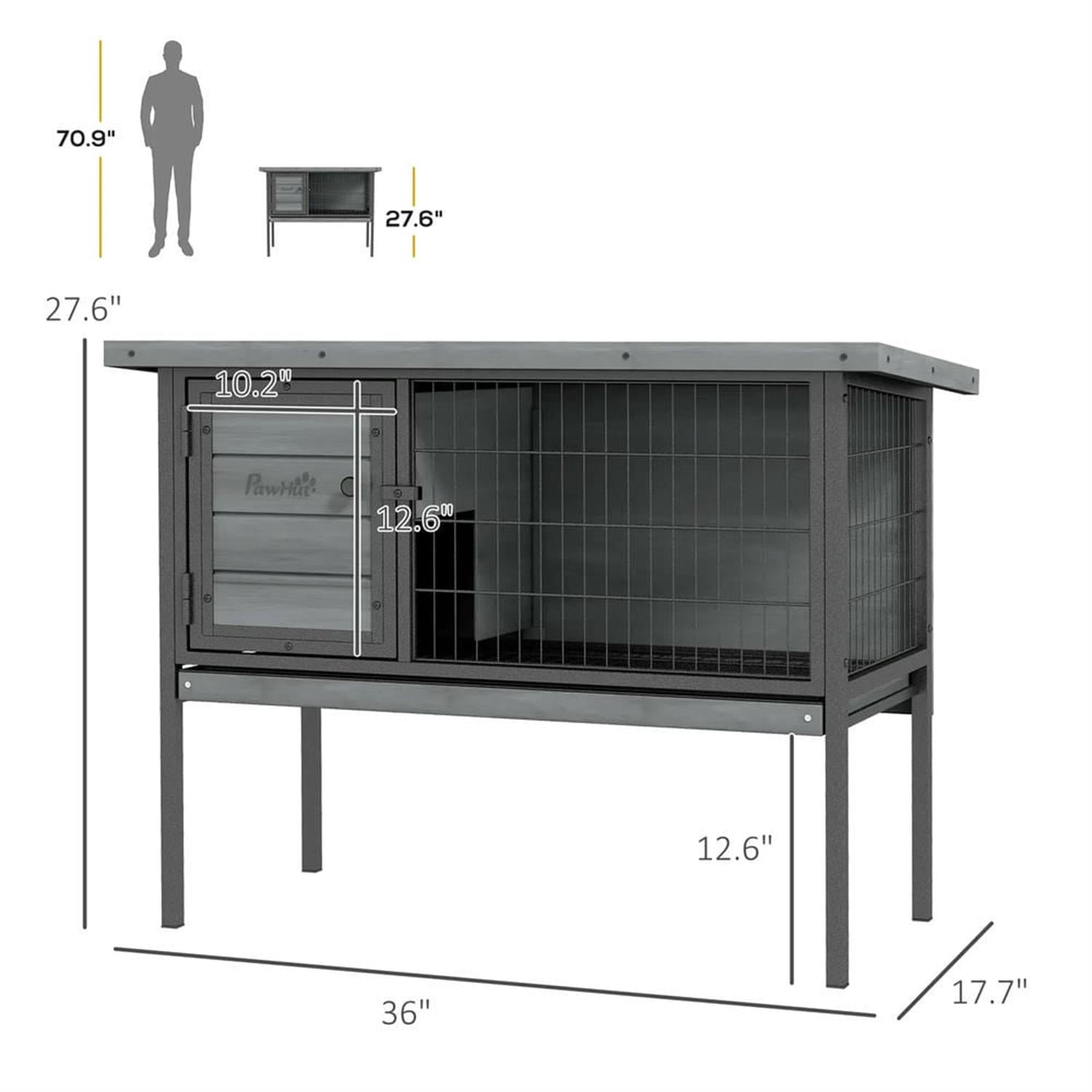 Kadyn 36" Outdoor Rabbit Hutch with Slide-out Tray and Openable Roof, Wooden Small Animal Habitat Enclosure Bunny Cage for Bunnies, Guinea Pigs, Gray