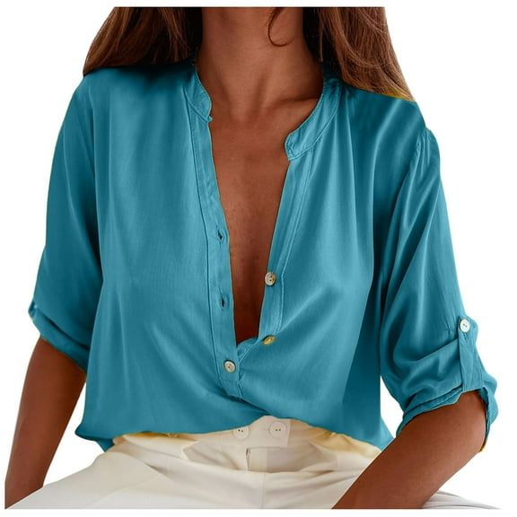 QLEICOM Womens Summer Tops Oversized T-shirts Solid Color Short Sleeve Comfortable Breathable V-Neck Casual Loose Tunic Tank Tops Women Shirts Blouses Blue M