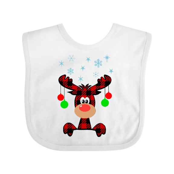 Inktastic Cute Flannel Reindeer with Christmas Bulbs and Snowflakes Boys or Girls Baby Bib