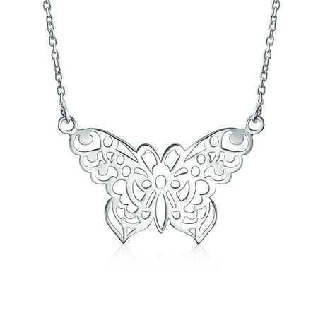Sterling Silver Wide Ribbon Filigree - Large Butterfly Necklace Cut Out Filigree Statement Pendant For Women 925 Sterling Silver 16 Inches