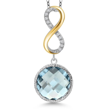 Gem Stone King 925 Sterling Silver Sky Blue Simulated Aquamarine and White Lab Grown Diamond Pendant Necklace for Women | 6.78 Cttw | Gemstone March Birthstone | Round 12MM | With 18 inch Chain