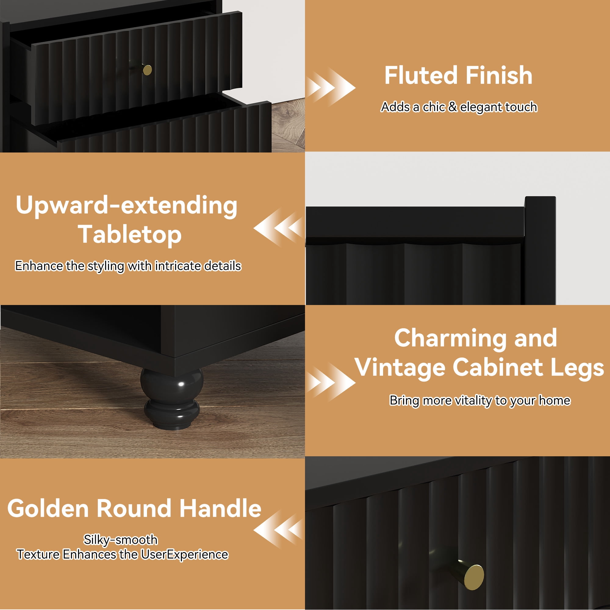 ZOSQUARE Modern Nightstand, Black Fluted Bedside Table with 2 Drawers and Open Shelf, End Tables with Gold Knobs for Bedroom, Living Room