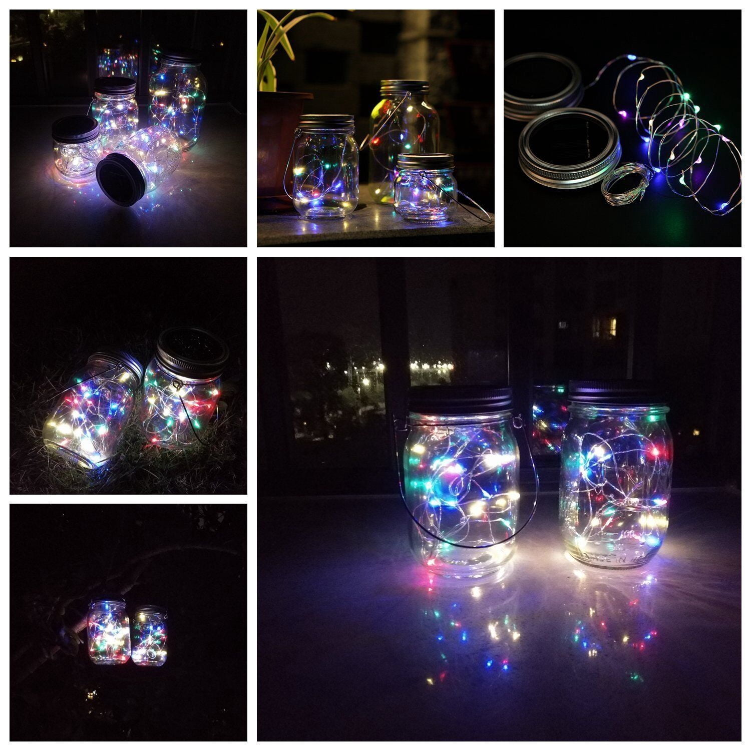 Hinzonek Hanging Solar Mason Jar Lights, 6 Pack 20 Led String Hanging Mason Jar Lanterns for Outdoor Decor Lamps for Outside Patio Garden Yard Fence Wedding Table, Multicolor (No Jars)